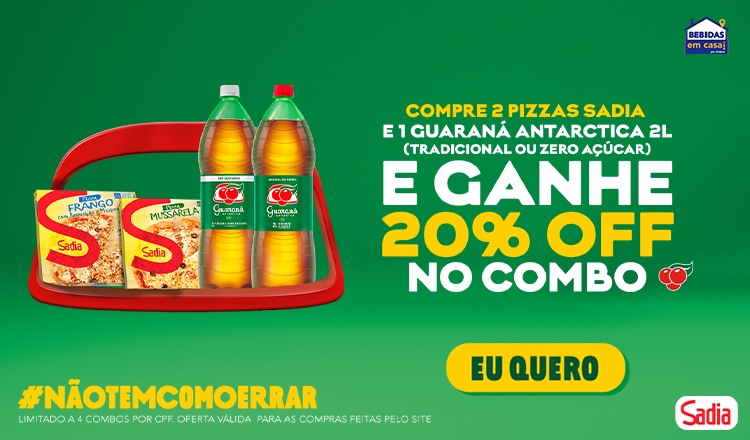 Ambev - Compre 2 pizzas Sadia + 1 Guaraná 2L e Ganhe 20% de desconto no combo - 14/08 a 21/08